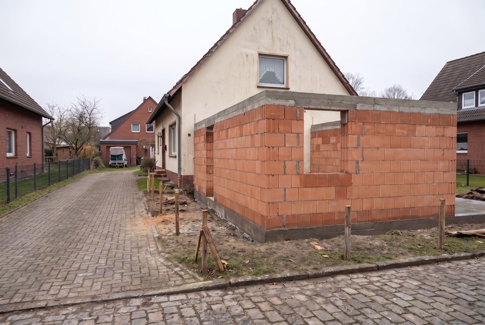 Derselbe Platz mit aufgemauertem Anbau-Rohbau aus Ziegelmauerwerk mit Ringanker