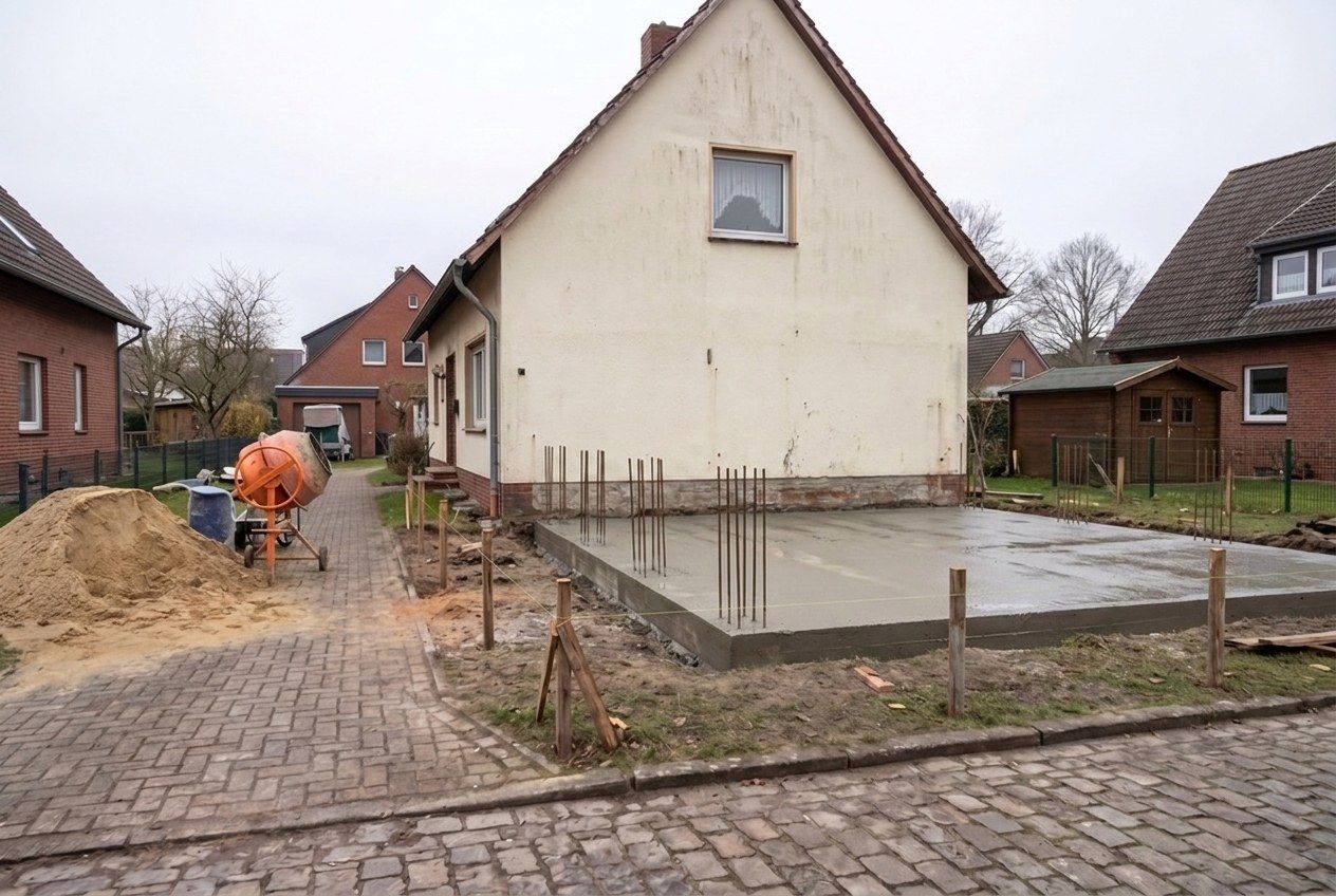 Bodenplatte mit Anschlussbewehrung vor der Giebelwand: vorbereitet für den Anbau