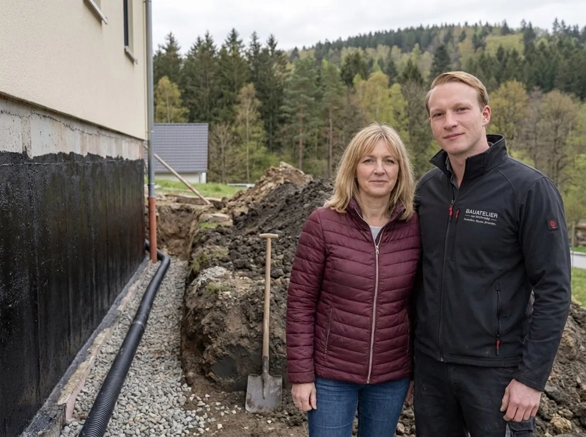 Bauherrin mit Rudi von Zschinsky am offenen Graben, die Kellerwand schwarz abgedichtet, Dränage und Kies im Grabengrund
