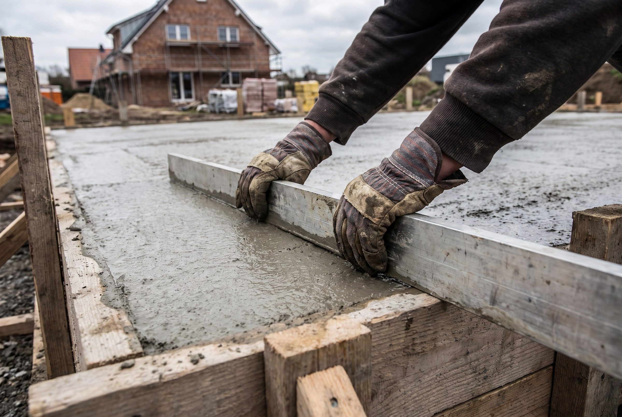 Frischer Beton wird mit dem Richtscheit über der Randschalung eben abgezogen