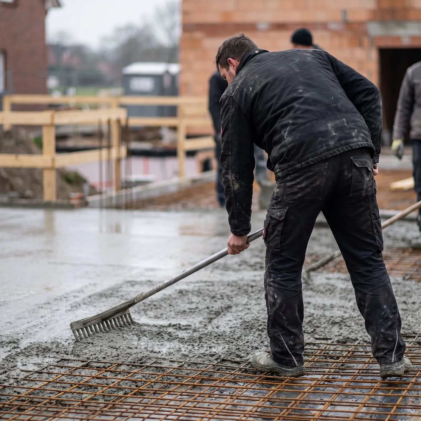 Frischer Beton wird über die Bewehrung einer Bodenplatte verteilt