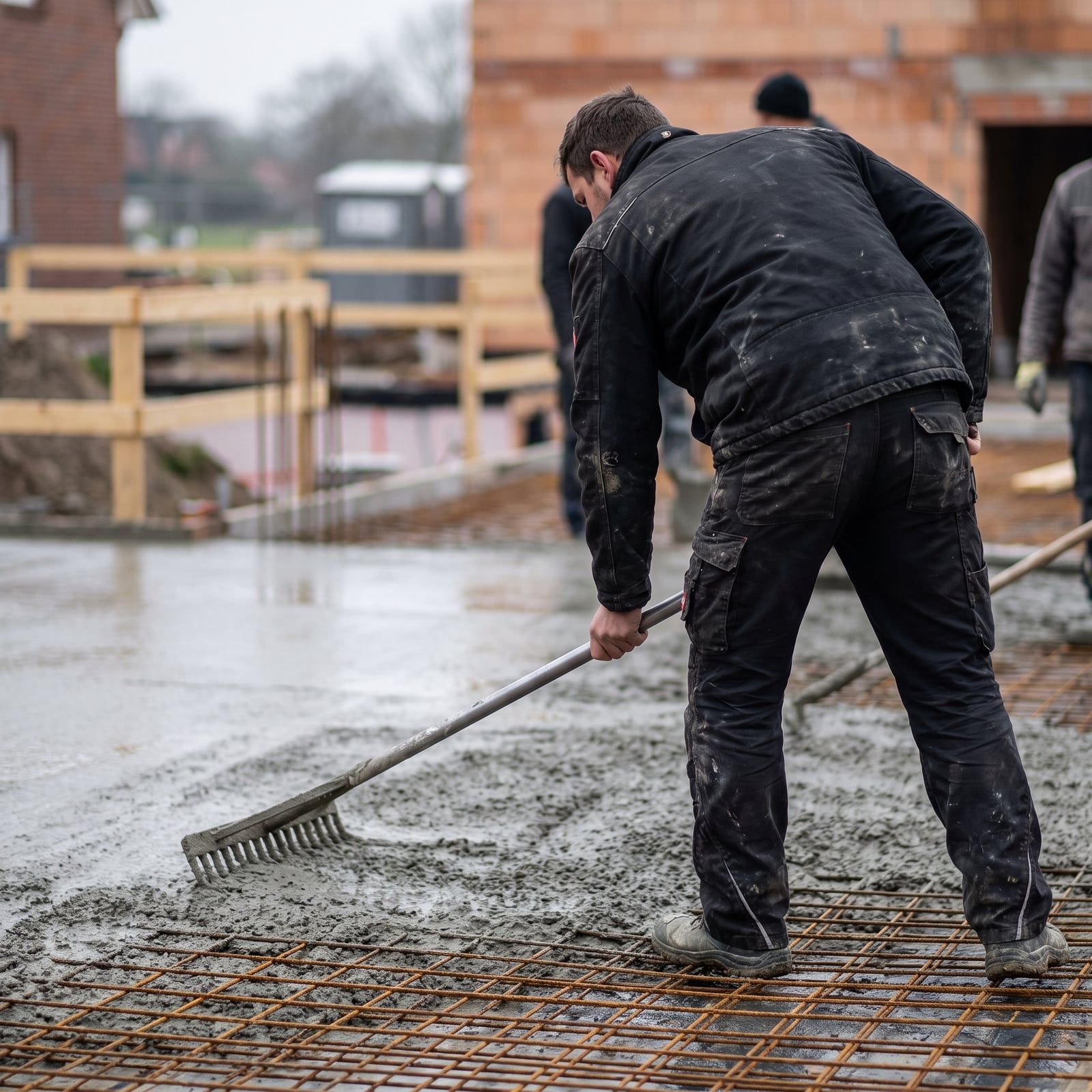 Frischer Beton wird über die Bewehrung einer Bodenplatte verteilt