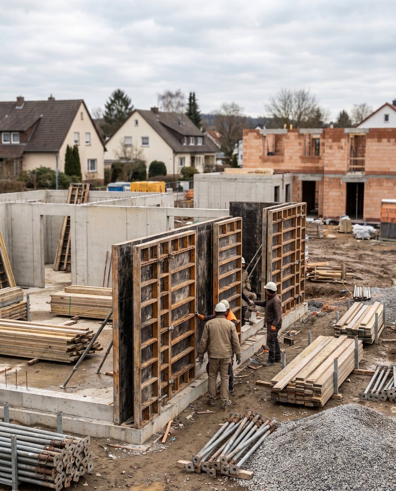Wandschalung mit Schrägstützen auf einer kleinen Baustelle