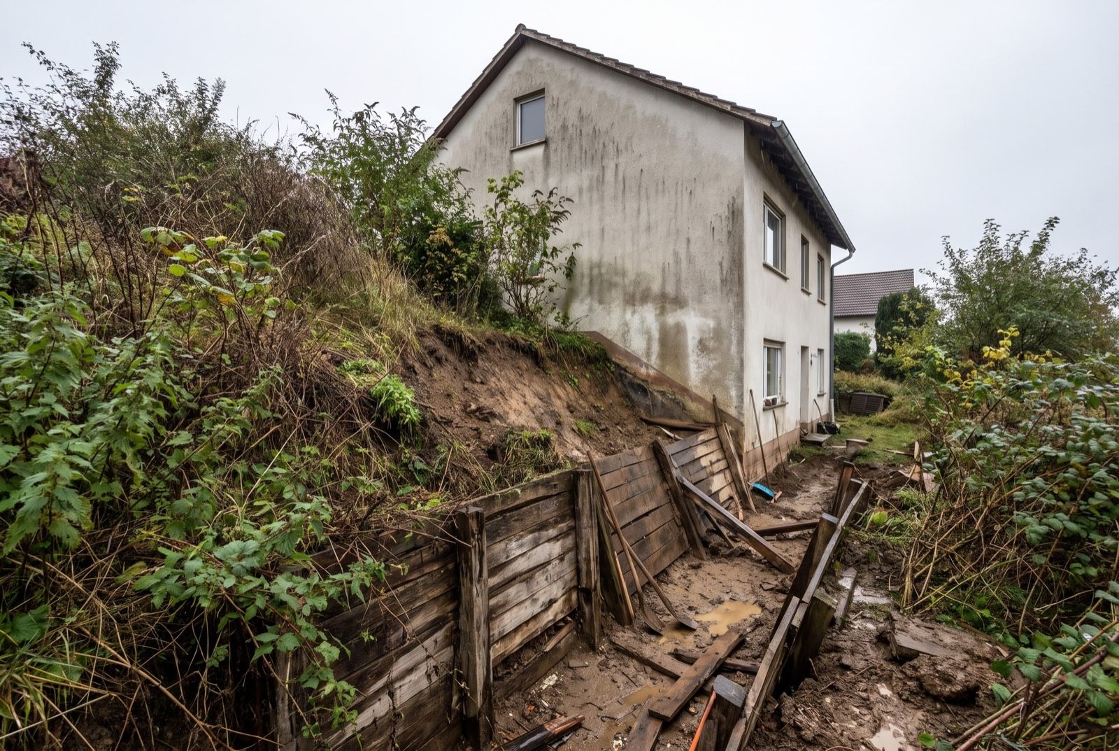 Verwilderte Böschung mit verrotteter Holzabstützung direkt hinter dem Haus