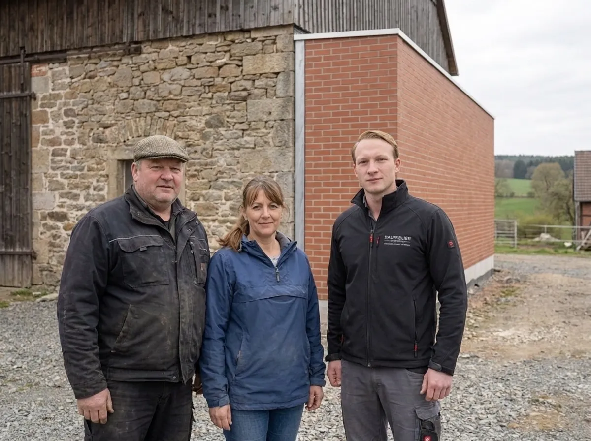 Bauherrenpaar mit Rudi von Zschinsky im Hof, der neue Ziegelanbau mit Trennfuge an der alten Bruchsteinwand