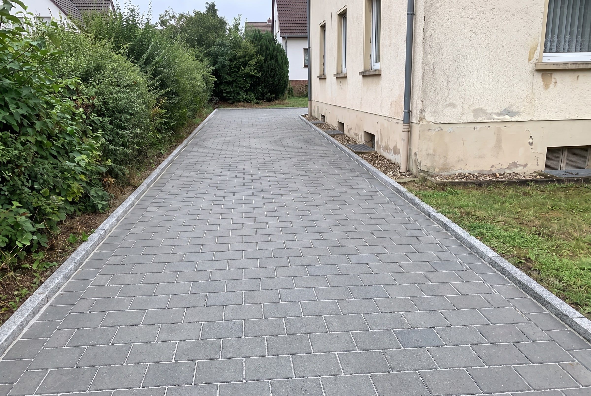 Dieselbe Einfahrt nach den Pflasterarbeiten: Betonpflaster mit Randeinfassung