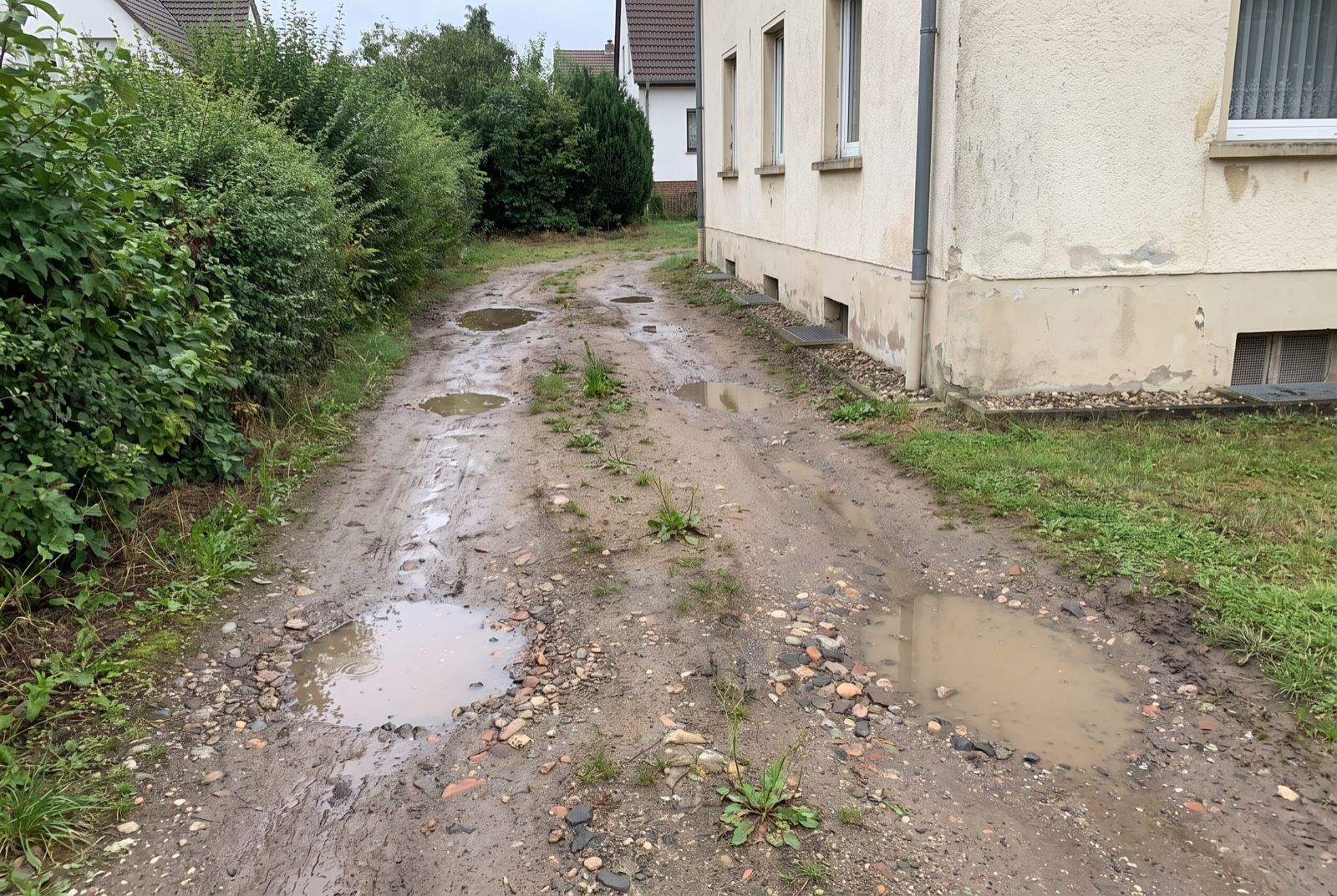 Unbefestigte Einfahrt mit Pfützen und Unkraut: typischer Ausgangszustand