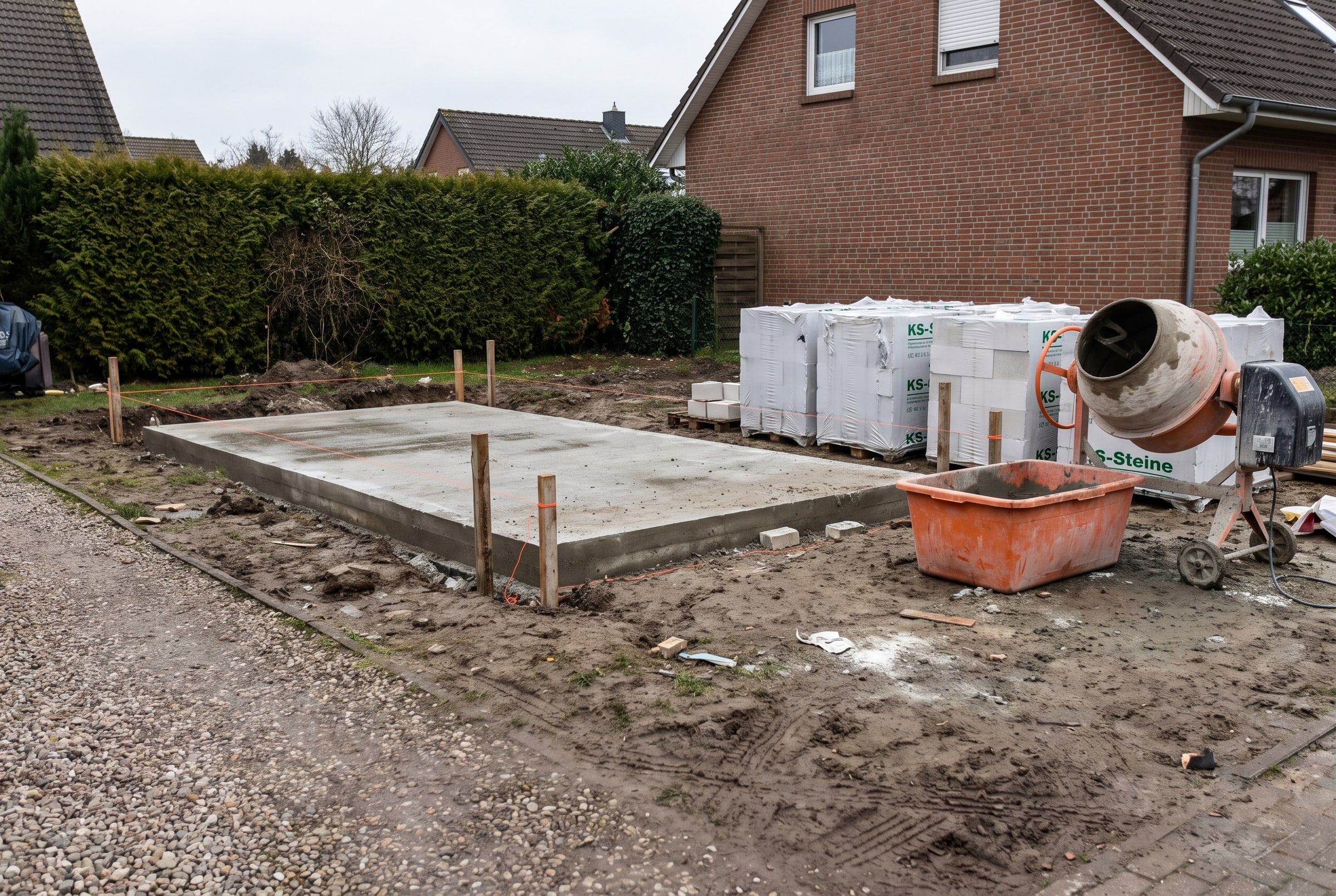 Fundamentplatte mit Schnurgerüst und Steinpaletten: vorbereitet für die massive Garage