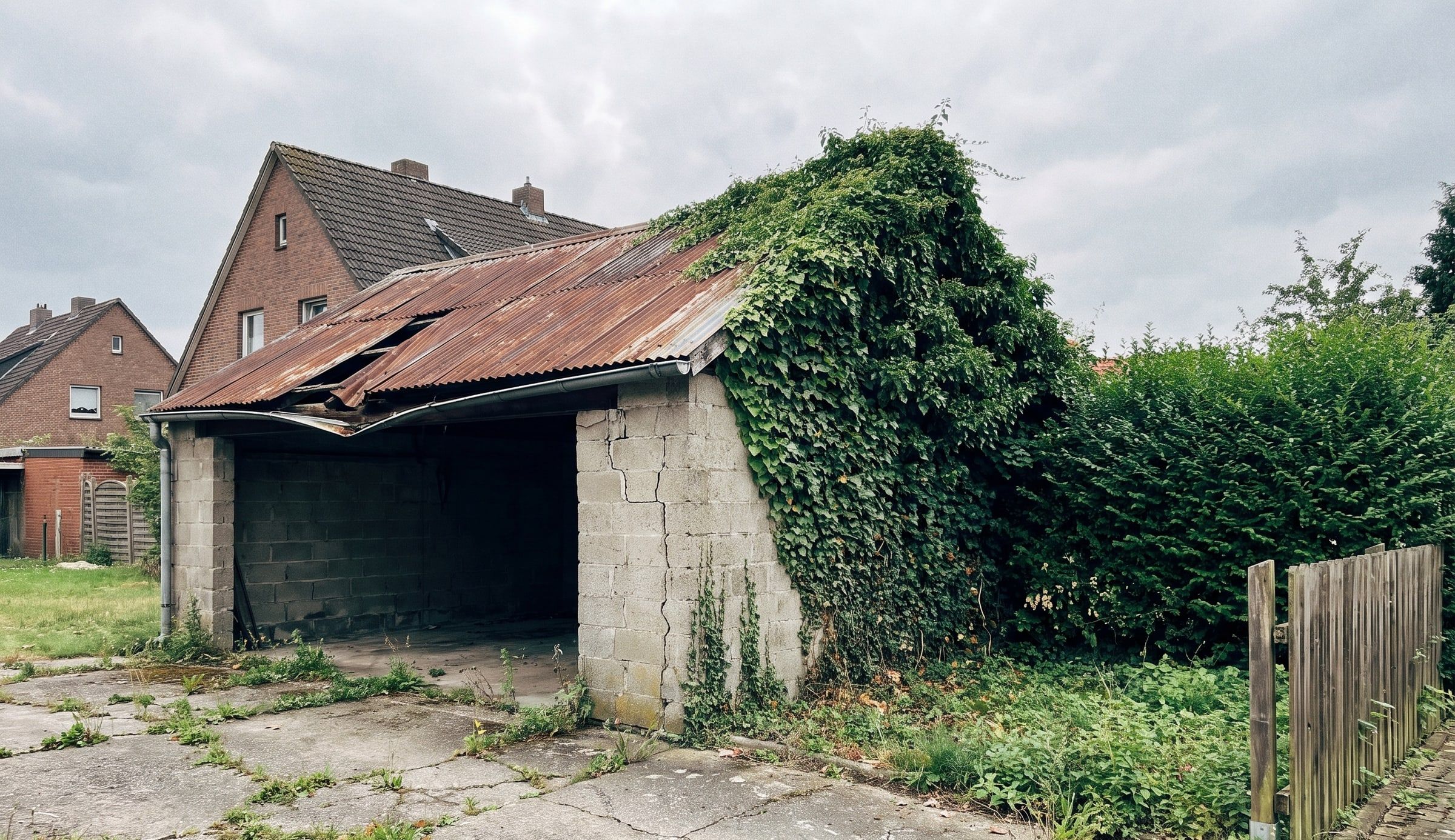 Baufällige Garage mit eingebrochenem Blechdach und starkem Bewuchs