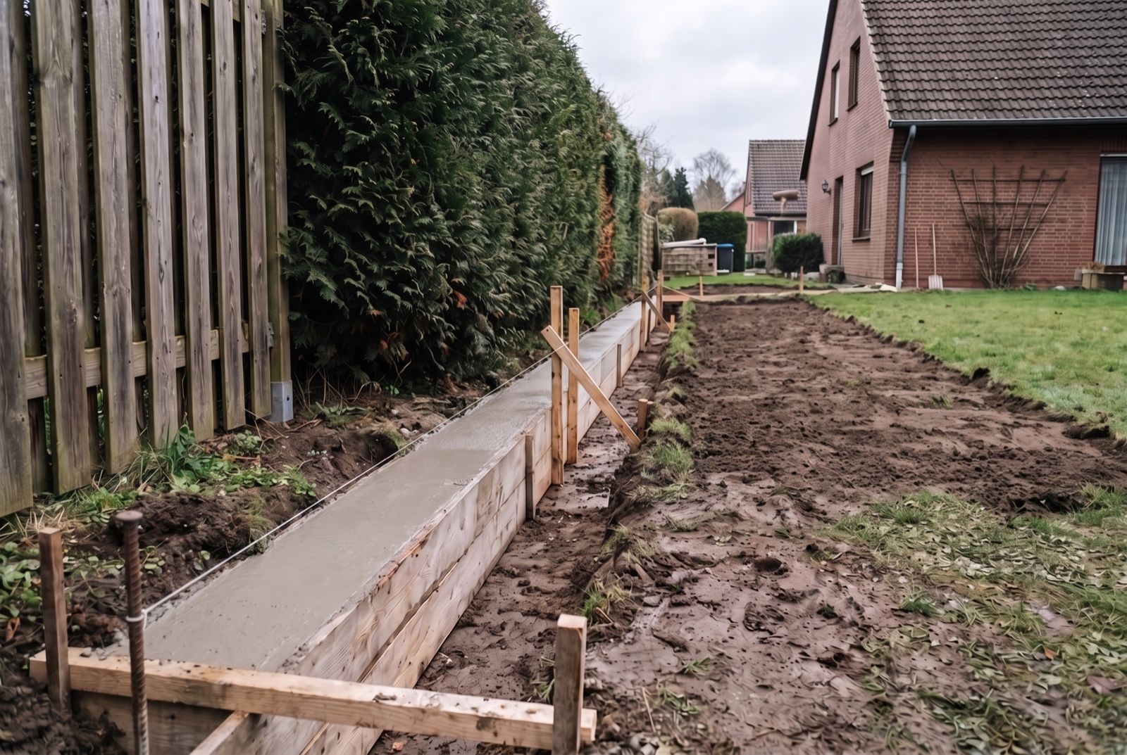 Derselbe Graben mit frisch betoniertem, sauber abgezogenem Streifenfundament