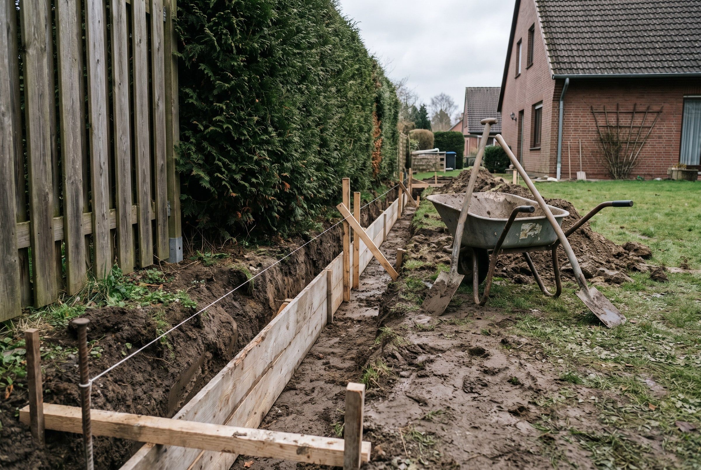 Ausgehobener Fundamentgraben mit Schalung und Schnurgerüst an der Grundstücksgrenze