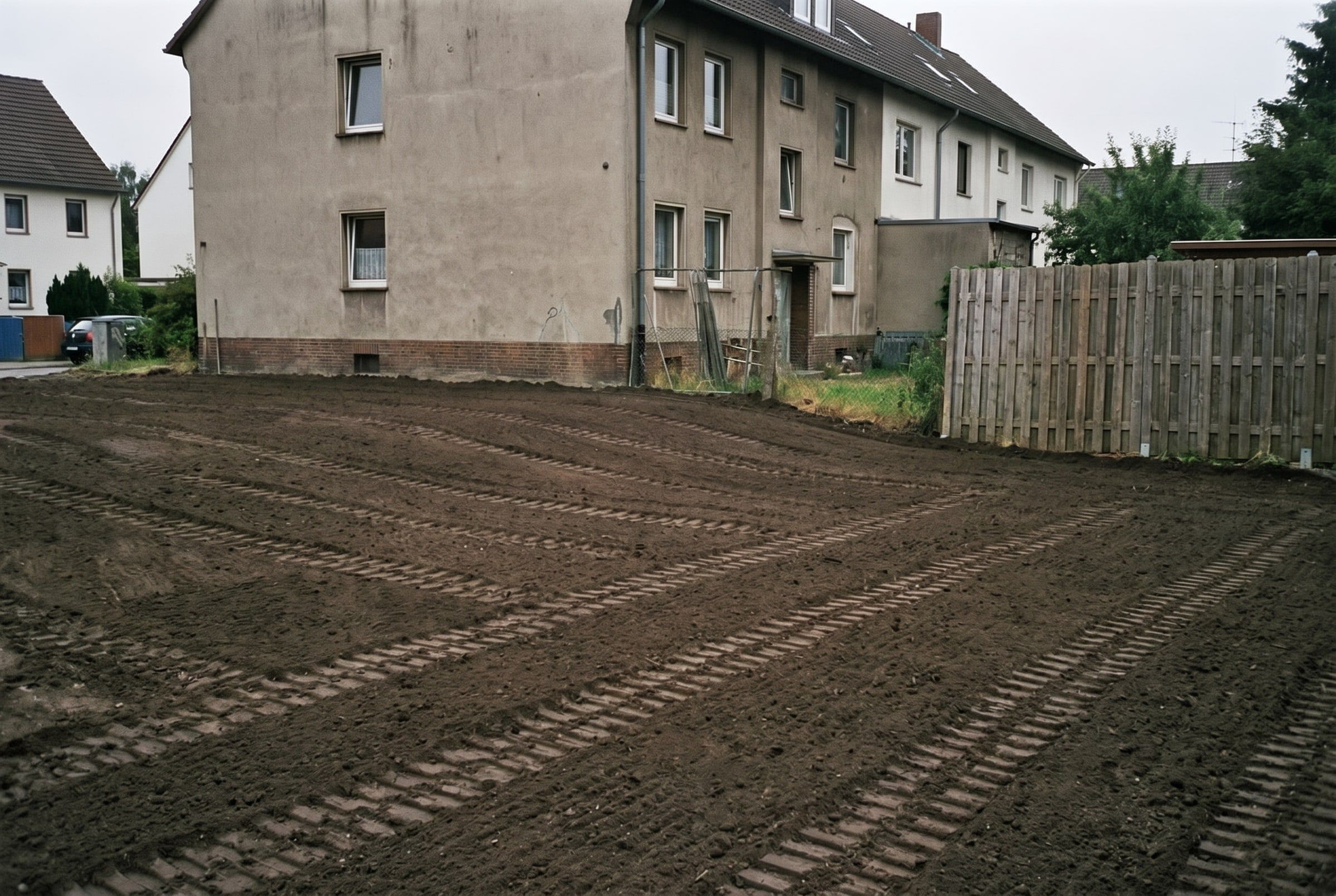 Dasselbe Grundstück eben modelliert, mit abgezogenem Mutterboden einsaatfertig