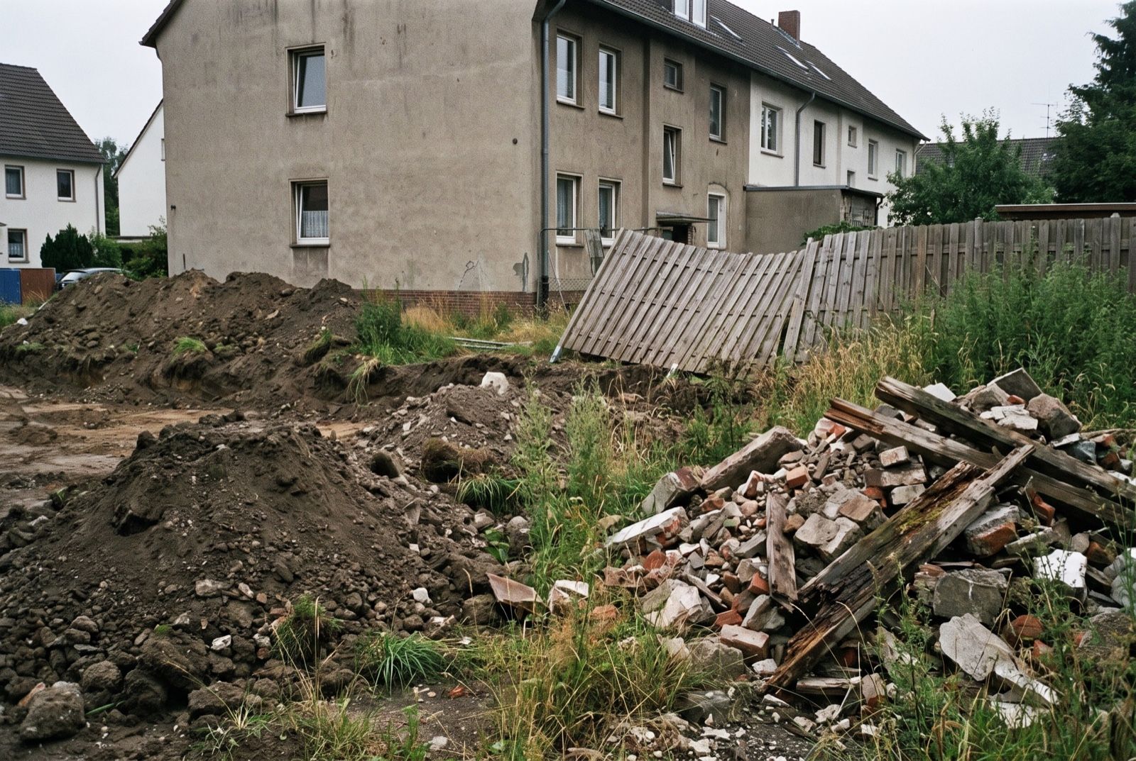 Buckliges Grundstück mit Erdhaufen, Bauschutt und wucherndem Bewuchs hinter dem Haus