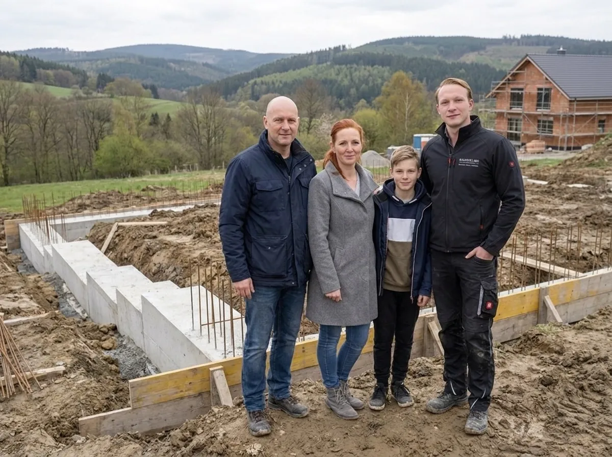 Familie mit Rudi von Zschinsky am abgetreppten Streifenfundament auf dem Hanggrundstück