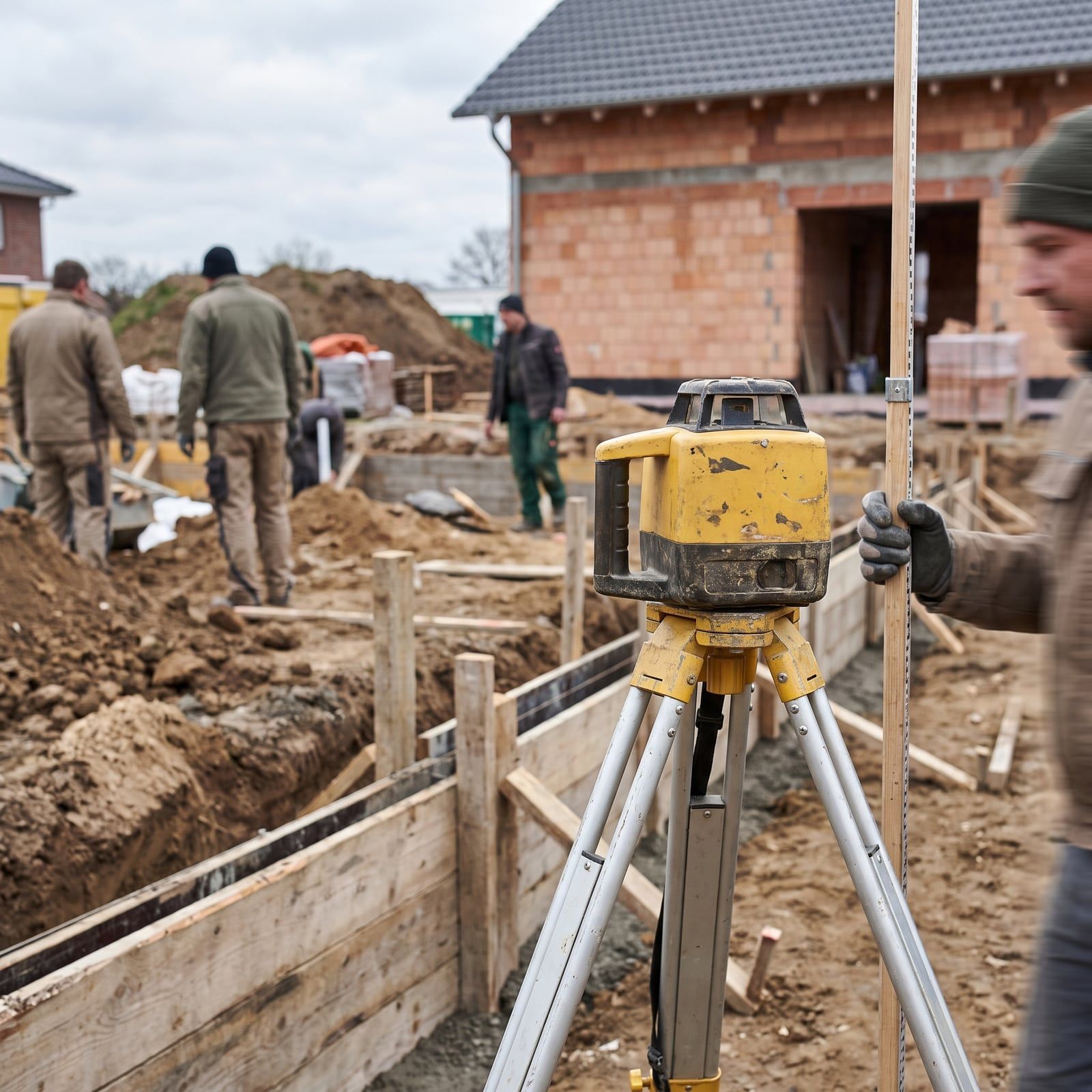 Rotationslaser auf Stativ zum Einmessen der Höhen auf der Baustelle