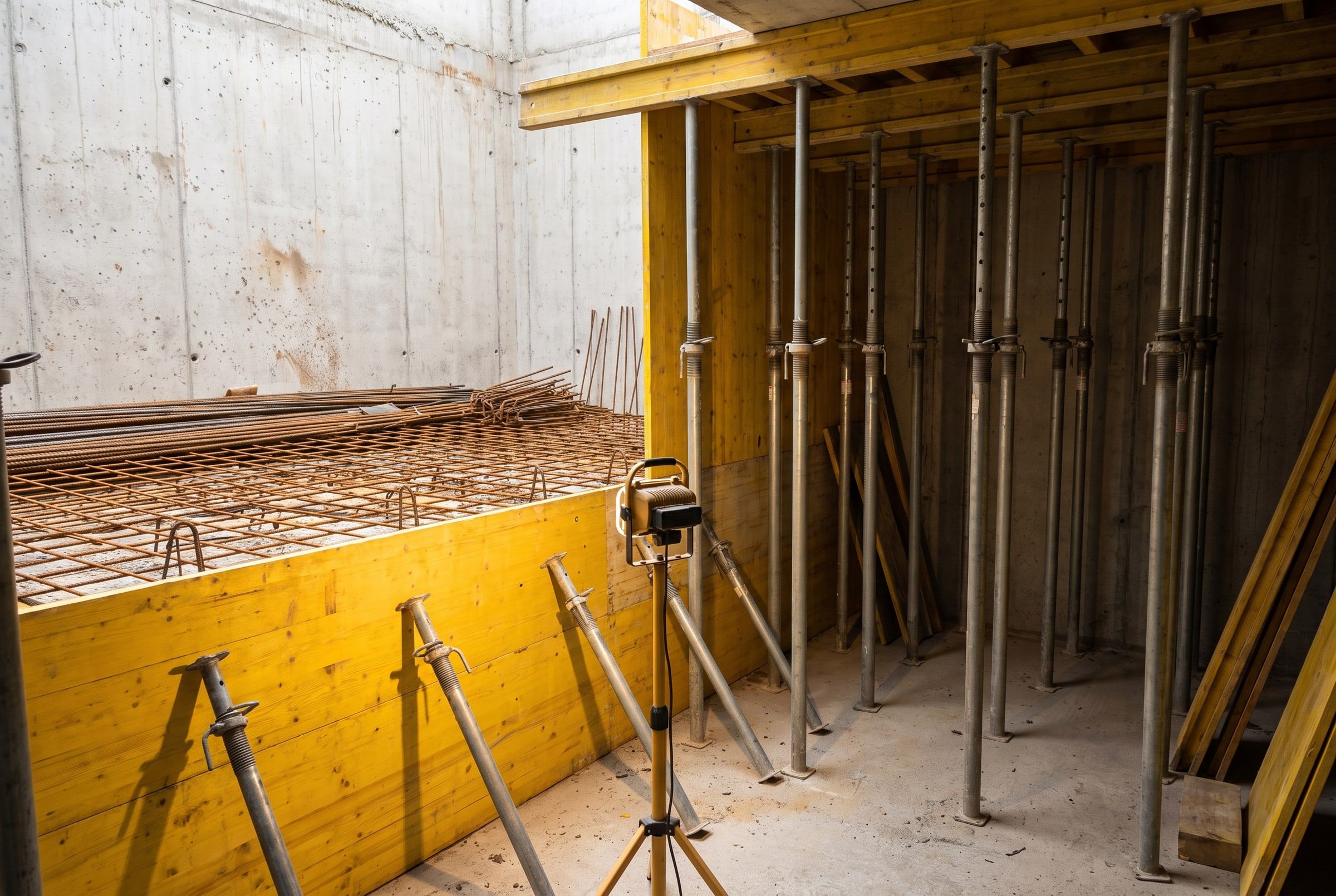 Kellerraum mit Deckenschalung, Stützenwald und ausgelegter Bewehrung vor der Betonage