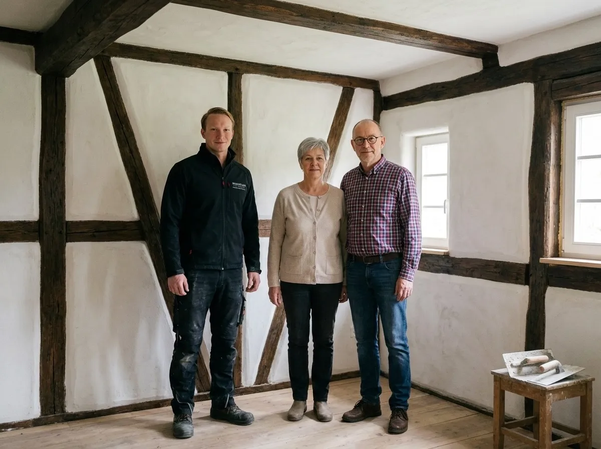 Bauherrenpaar mit Rudi von Zschinsky in der Fachwerkstube, die Gefache frisch in Kalk verputzt