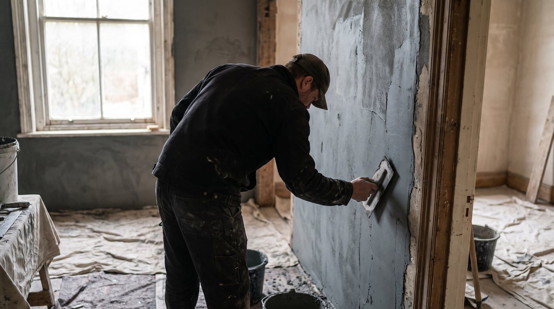 Innenausbau: frischer Putz wird glatt an die Wand gezogen