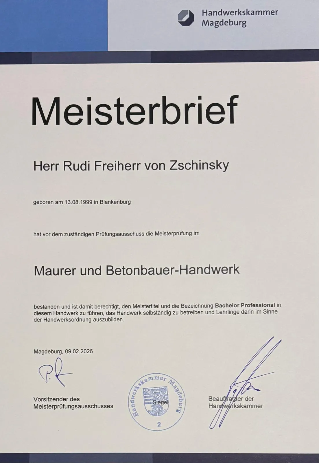 Meisterbrief von Rudi von Zschinsky im Maurer- und Betonbauer-Handwerk, ausgestellt von der Handwerkskammer Magdeburg