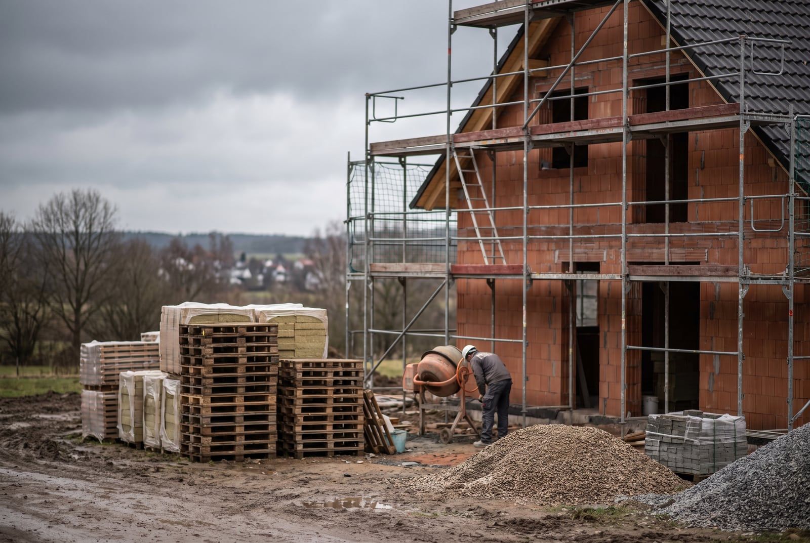 Eingerüsteter Rohbau eines Einfamilienhauses aus Ziegelmauerwerk