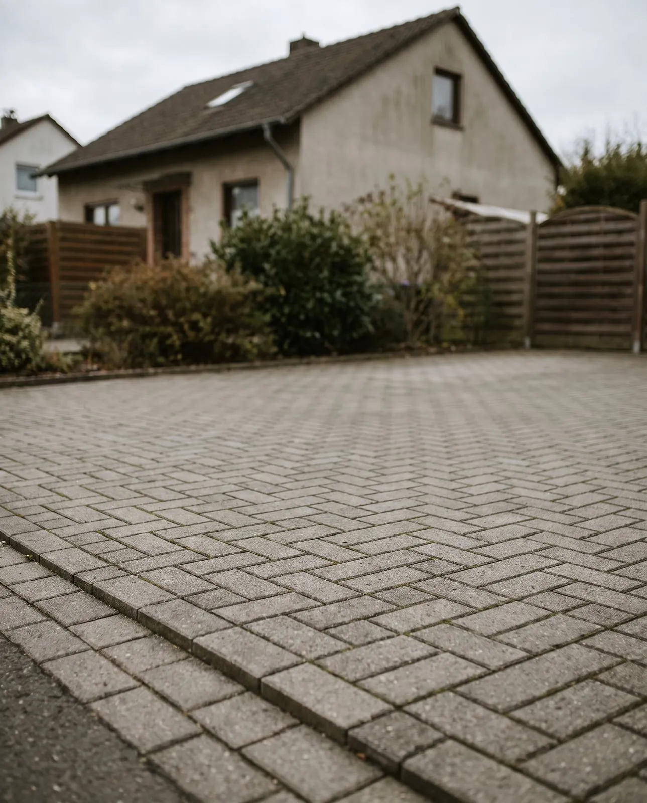Fertig gepflasterte Hofeinfahrt mit Betonpflaster und Randeinfassung