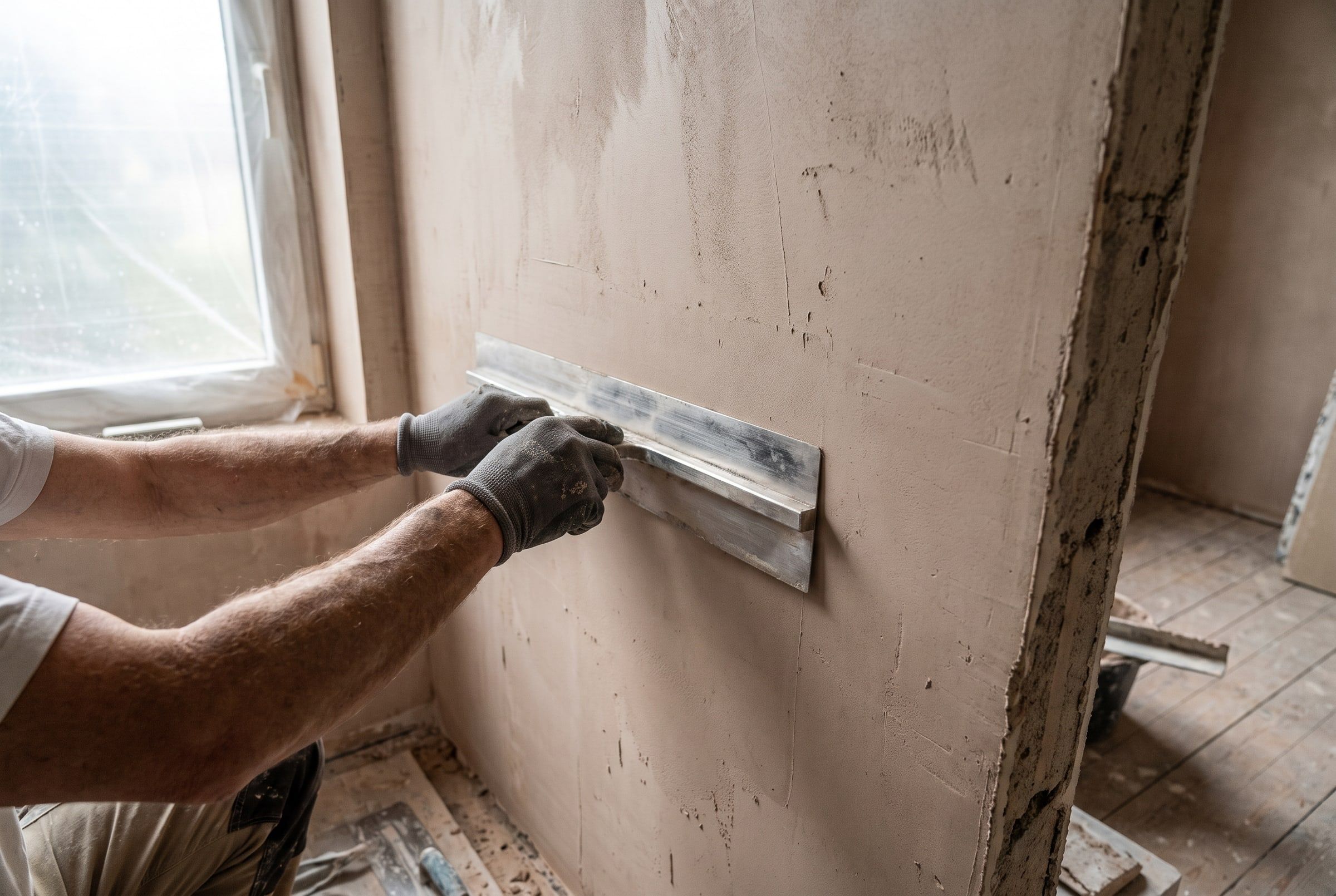 Frisch verputzte Innenwand wird mit der Glättkelle abgezogen