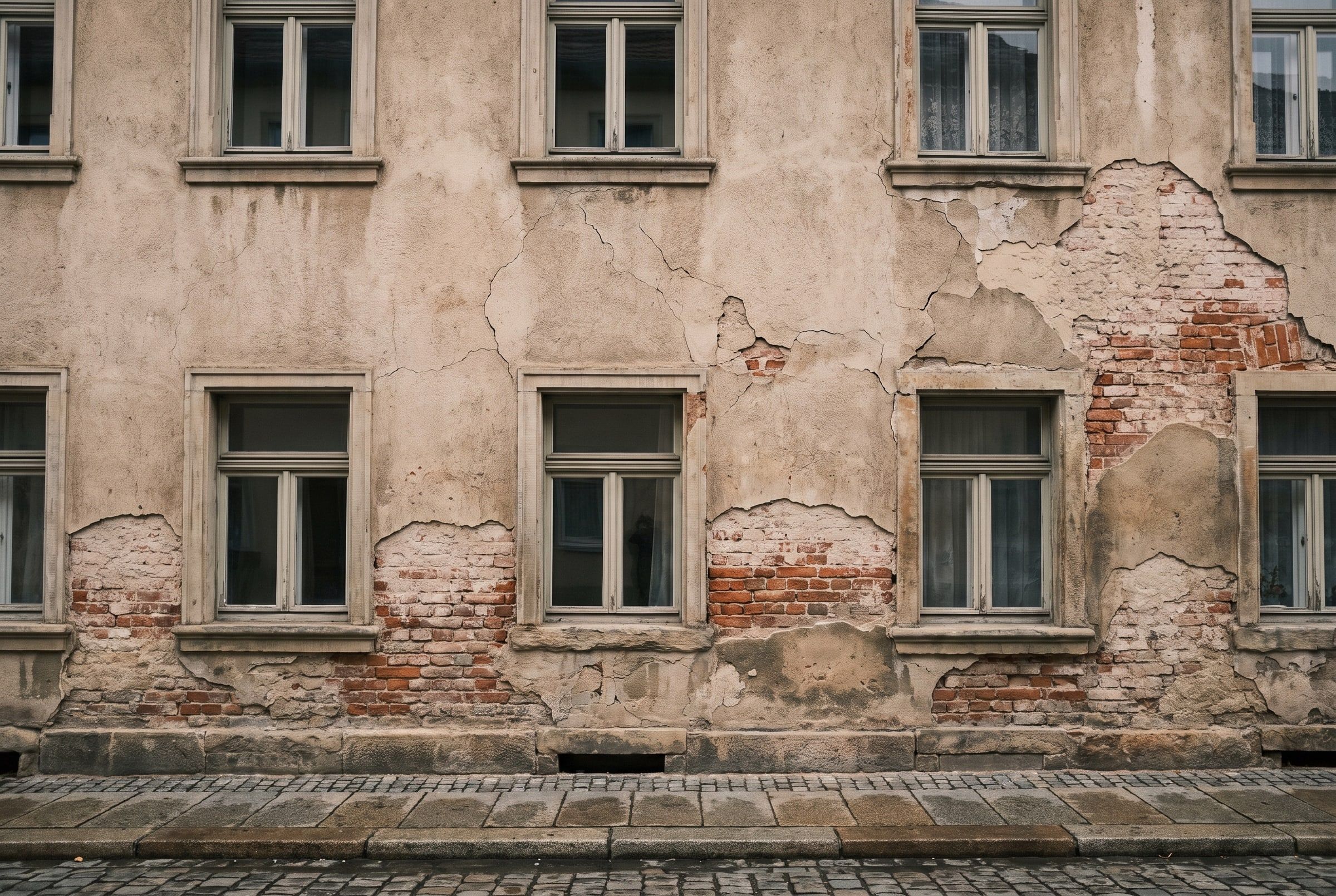 Altbaufassade mit großflächig abgeplatztem Putz und freiliegendem Ziegelmauerwerk