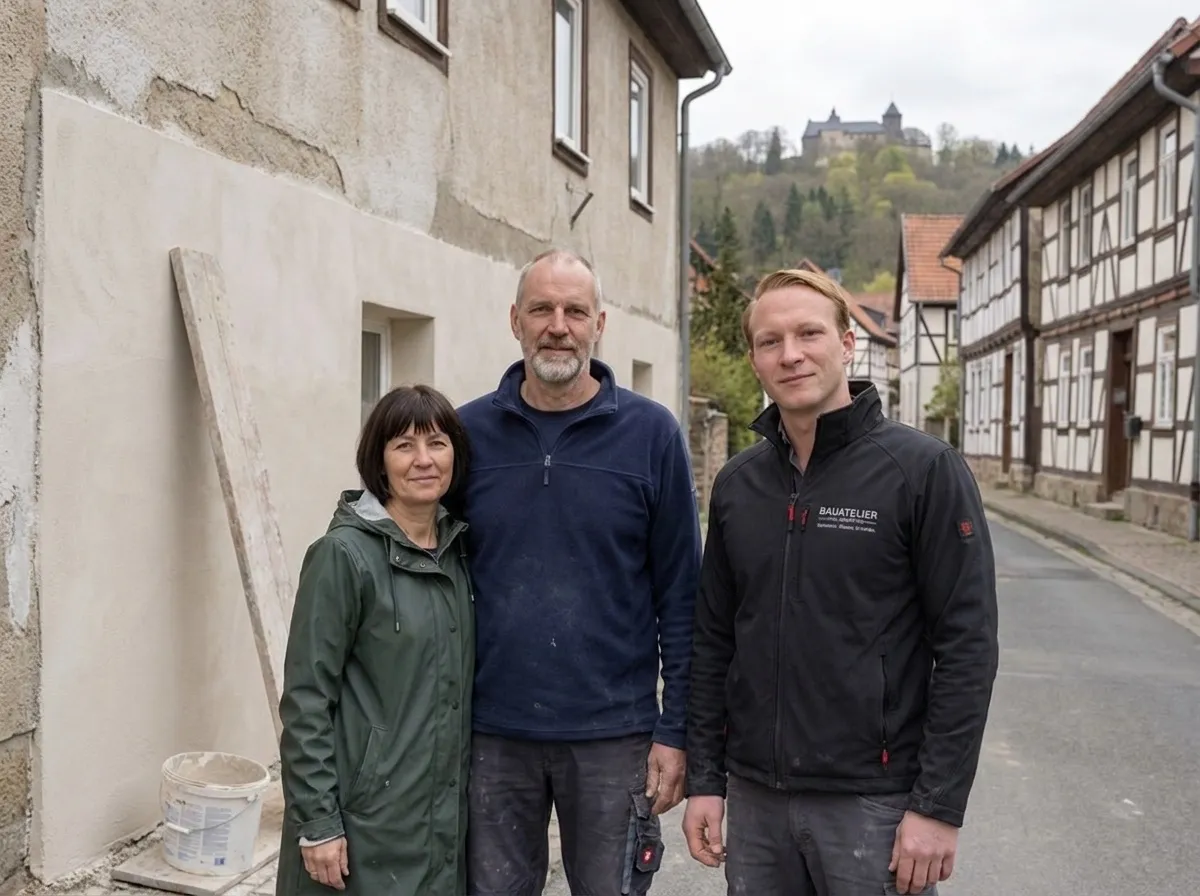 Ehepaar mit Rudi von Zschinsky vor der frisch mit Sanierputz verputzten Altbaufassade, dahinter Fachwerkhäuser und das Schloss