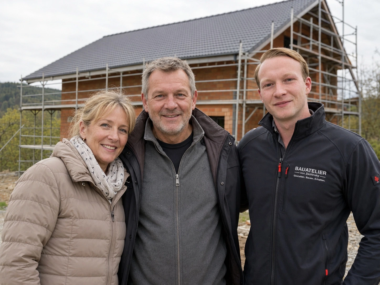 Rudi von Zschinsky mit Bauherren vor dem eingerüsteten Rohbau