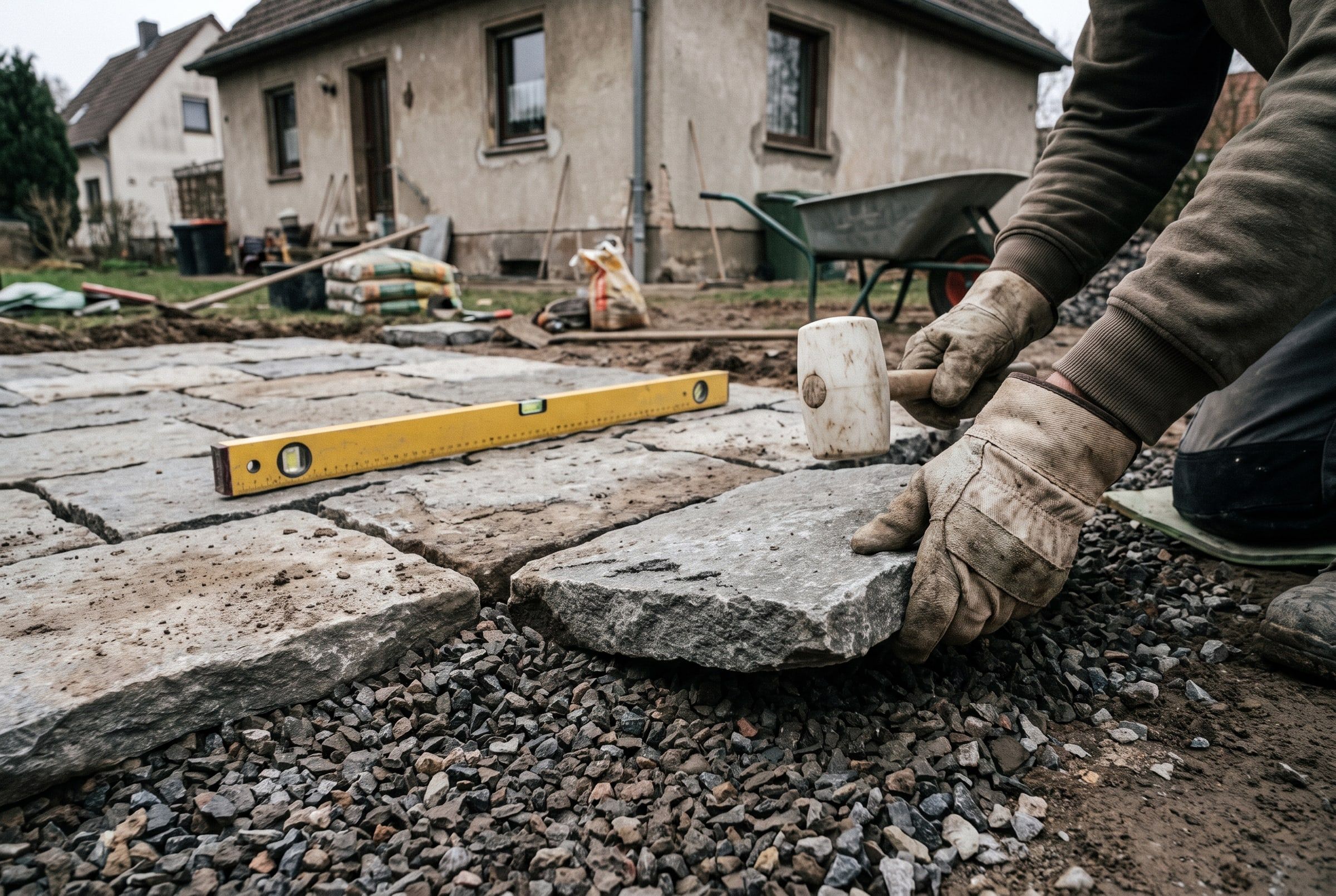 Natursteinplatte wird im Splittbett mit dem Gummihammer höhengerecht angeklopft