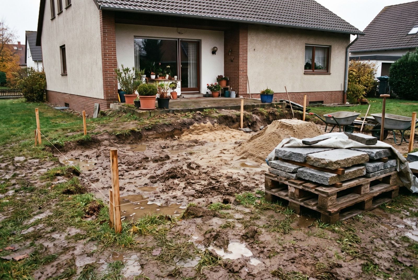 Matschige, abgesteckte Rasenfläche hinter der Terrassentür mit wartender Plattenpalette