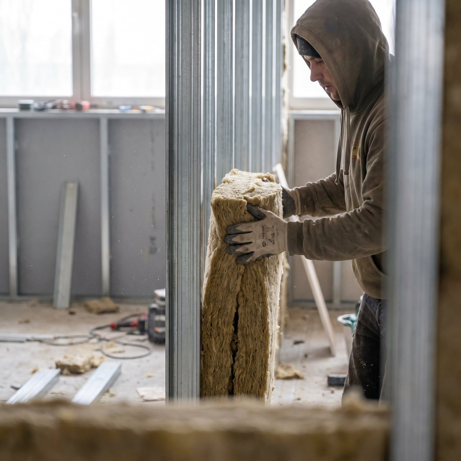 Ständerwerk mit Dämmung, teilweise beplankt: Trockenbau im Innenausbau
