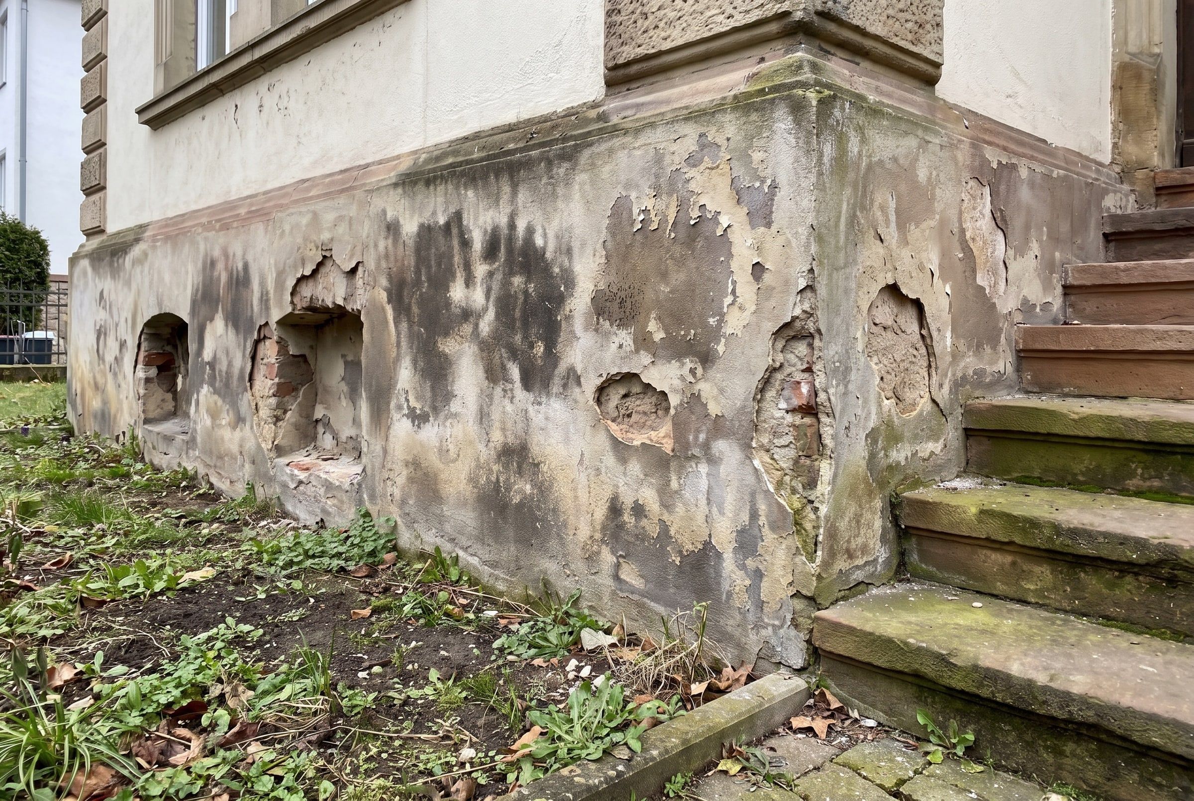 Gründerzeit-Sockel mit abplatzendem Putz, Feuchteschäden und offenen Fehlstellen