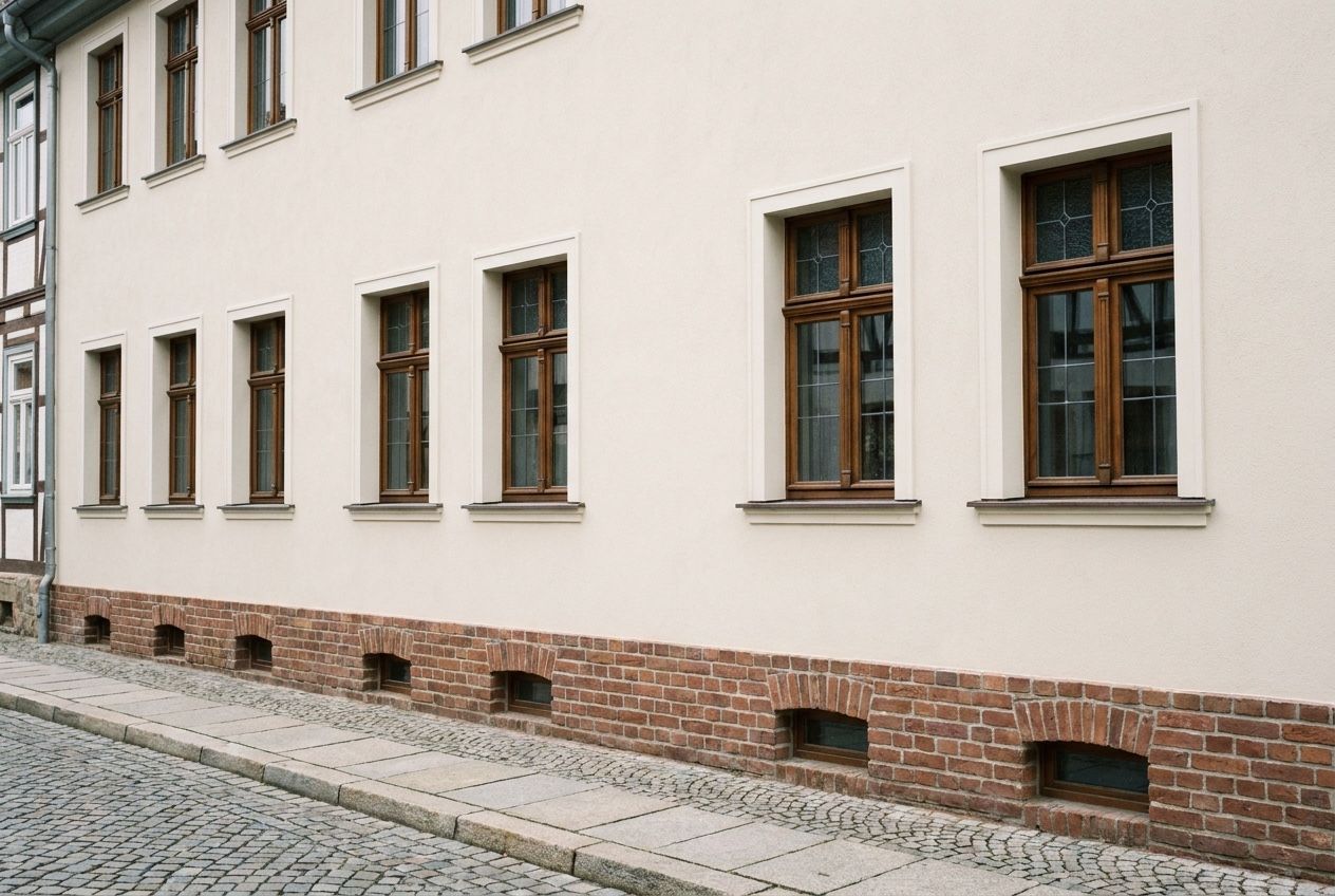 Dieselbe Fassade nach der Sanierung: frischer, diffusionsoffener Kalkputz und trockener, sauber gefasster Sockel