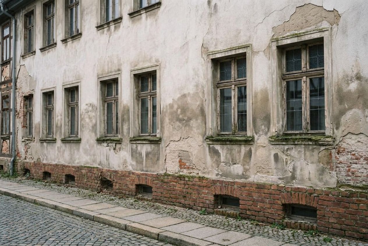 Putzfassade eines Altbaus vor der Sanierung: rissiger, abblätternder Putz und feuchter Sockel