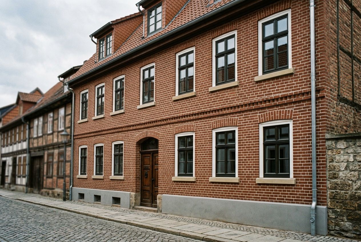 Klinkerfassade nach der Sanierung: neu verfugtes Mauerwerk und sauberer, trockener Sockel
