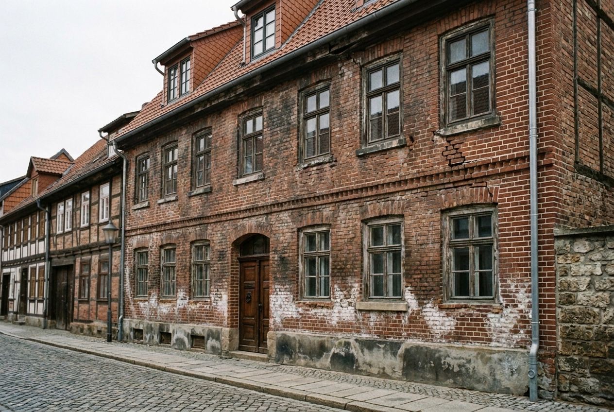 Klinkerfassade vor der Sanierung: verschmutztes Mauerwerk, offene Fugen und Salzausblühungen am Sockel