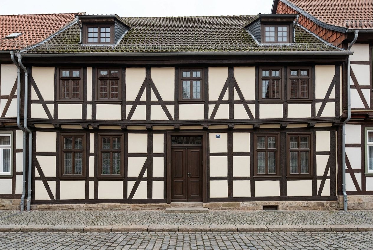 Fachwerkfassade nach behutsamer Sanierung mit diffusionsoffenem Kalkputz und instandgesetzten Balken