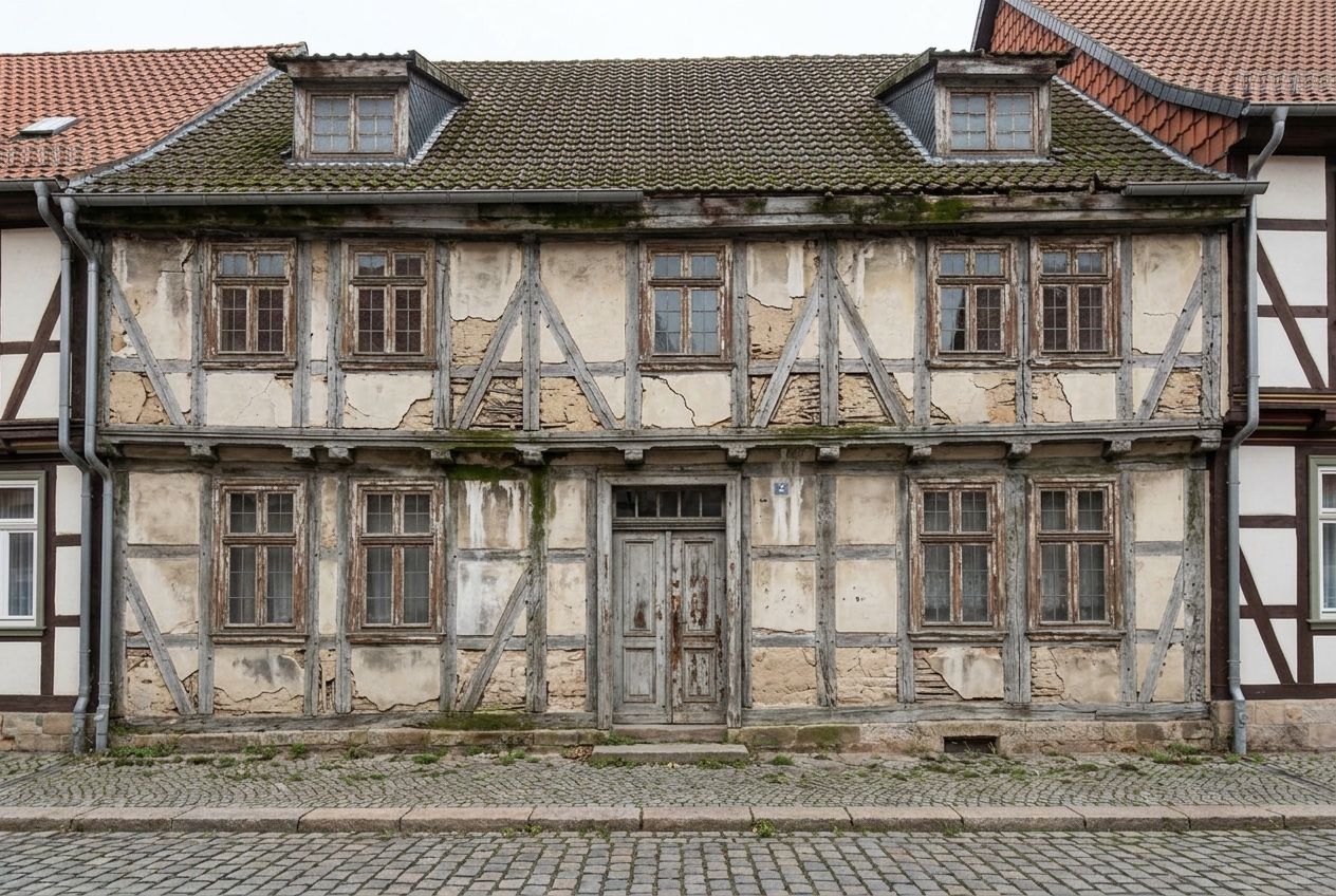 Fachwerkfassade im Altbau vor der behutsamen Sanierung: bröckelnde Gefache und verwitterte Balken