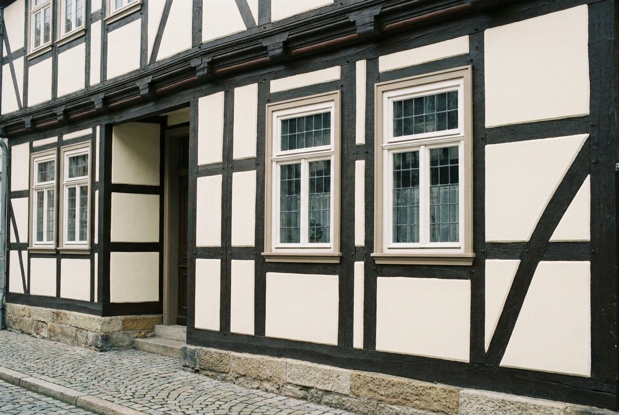 Fachwerkfassade nach der Sanierung: instandgesetzte Balken und frisch mit Kalk verputzte Gefache