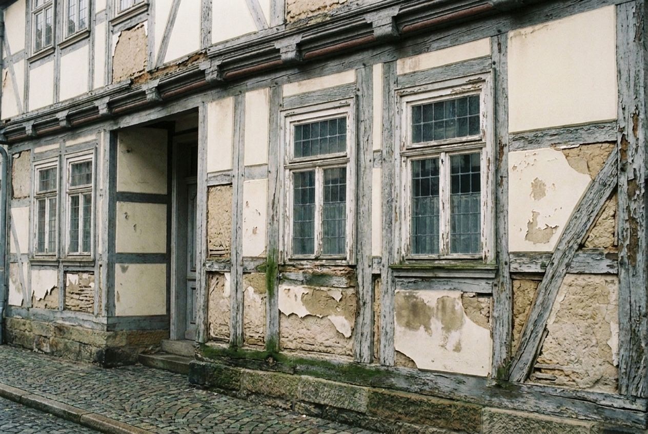 Fachwerkfassade vor der Sanierung: verwitterte graue Balken und rissige, bröckelnde Gefache
