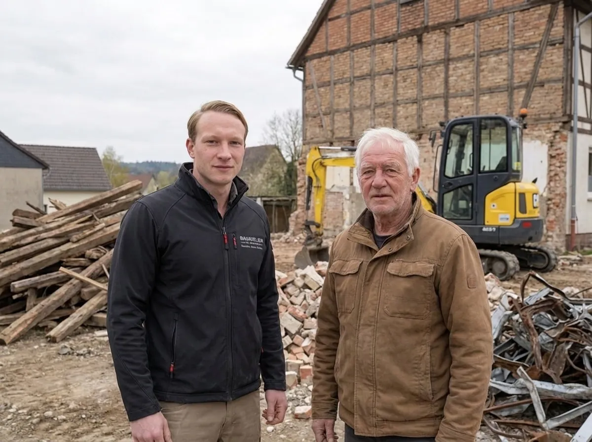 Auftraggeber mit Rudi von Zschinsky auf der geräumten Abbruchstelle, Holz, Bauschutt und Metall getrennt gestapelt