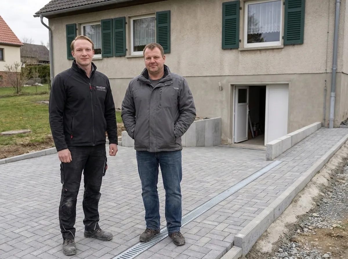 Bauherr mit Rudi von Zschinsky auf der neu gepflasterten Hofeinfahrt, davor eine Rinne vor dem Kellerzugang